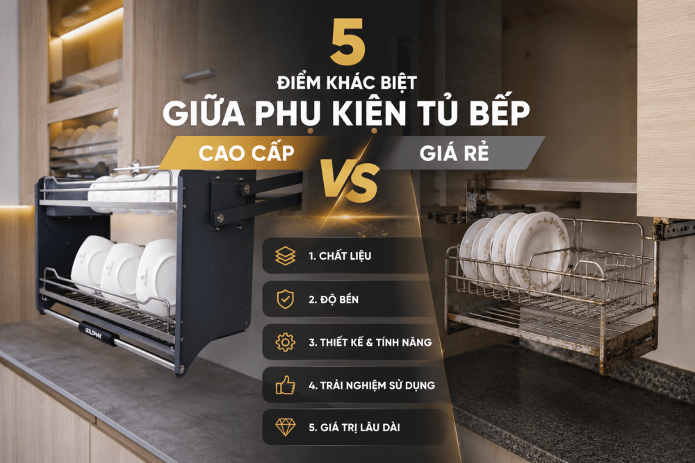 Phụ kiện tủ bếp cao cấp và giá rẻ khác nhau ở đâu? 5 điểm khác biệt về inox, mối hàn, ray giảm chấn, bảo hành và chi phí thực tế giúp bạn chọn đúng.