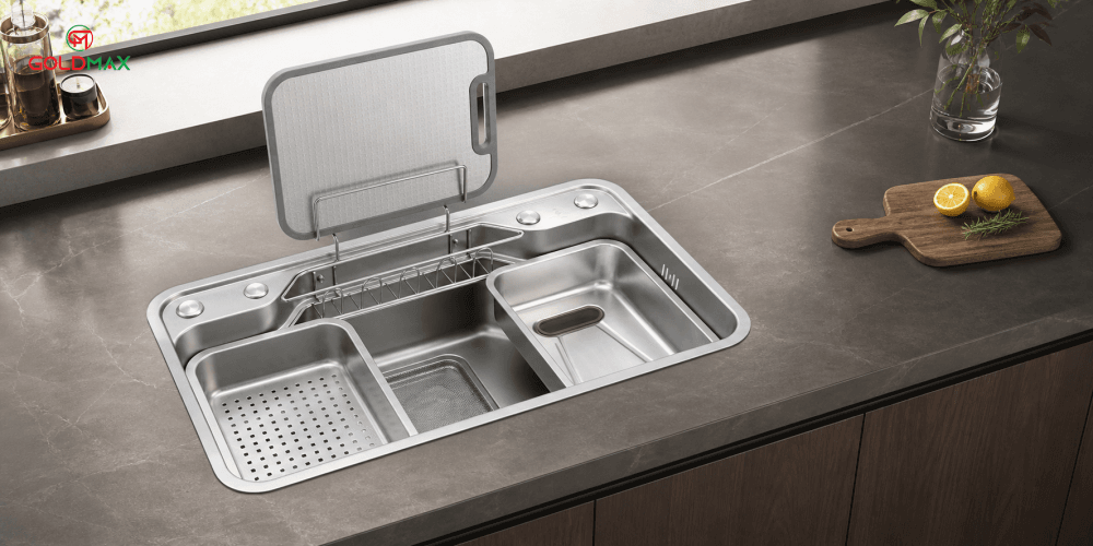 Chậu rửa bát inox 304 kèm theo thớt inox 304, 2 bồn rửa nhỏ thông minh