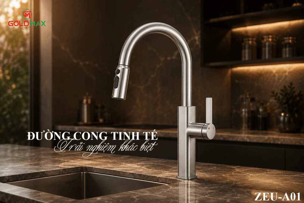 vòi rửa chén inox 304 ZEU-A01 vòi cong dây rút