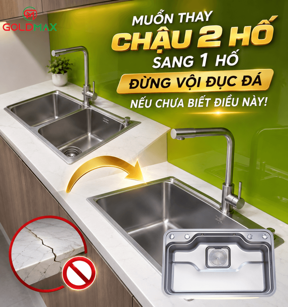 đổi chậu 2 hố sang 1 hố có phải cắt đá không