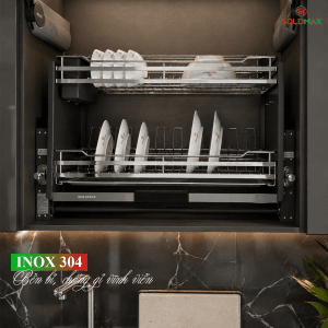 Nan dẹt inox 304 và khay hứng nước bọc viền của giá bát Goldmax GEDL