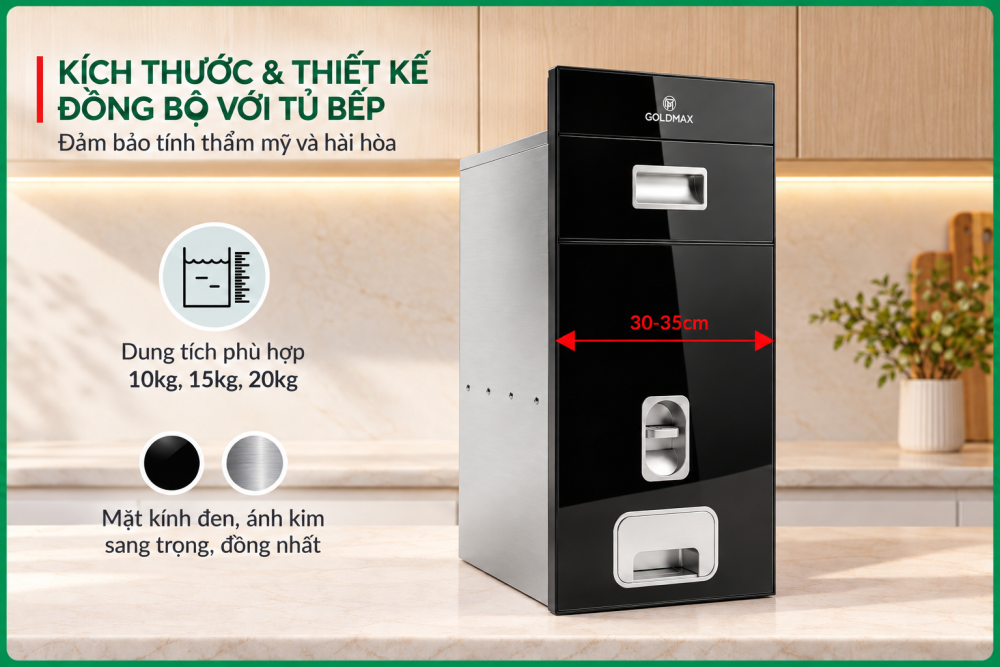 Kích thước của thùng gạo âm tủ mặt gương tủ bếp